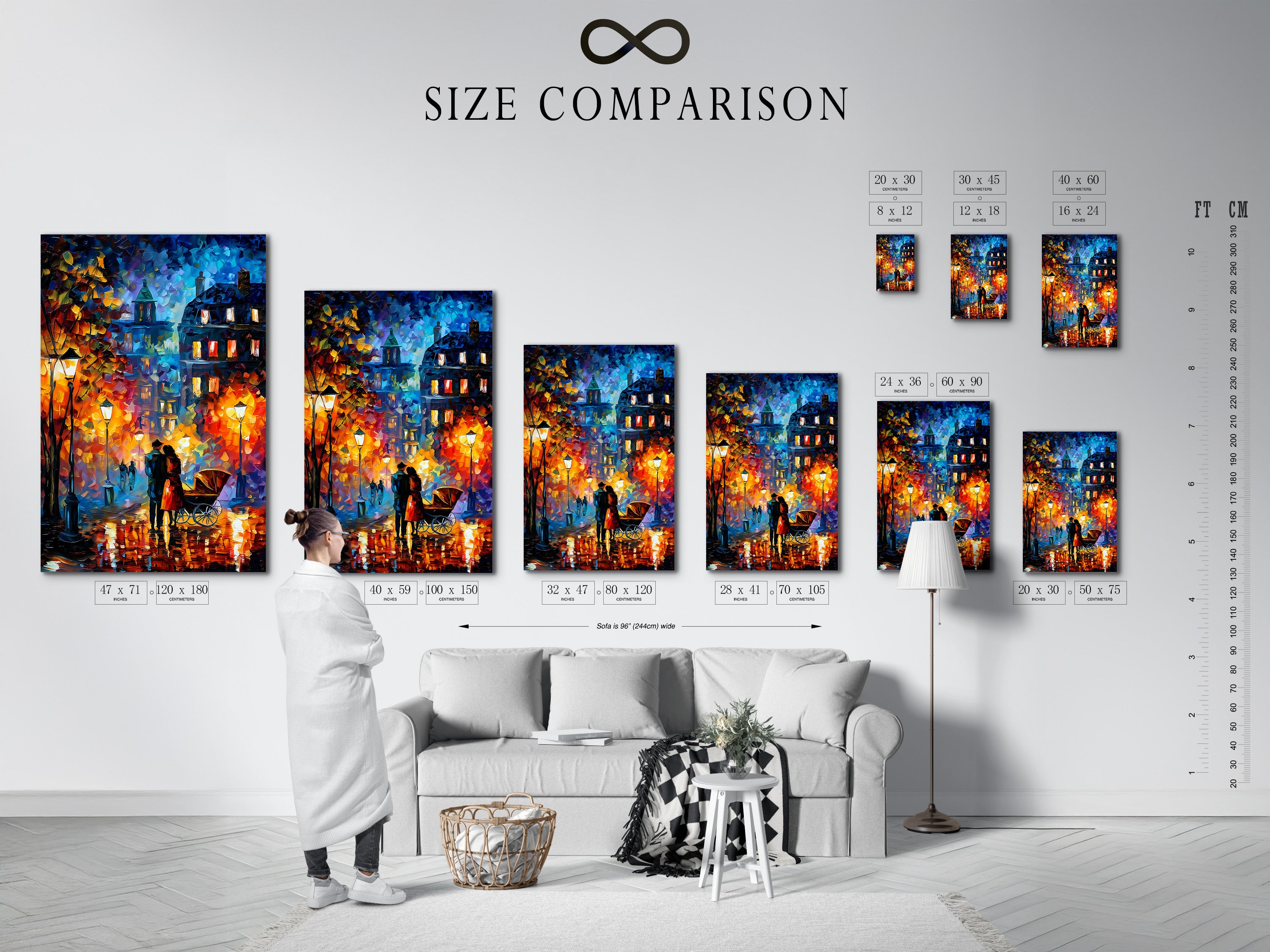 Size comparison chart in an interior setting. See how romantic street art prints fit in different spaces. The chart showcases various sizes for canvas and poster prints. This helps visualize the perfect artwork for your home. Find the ideal size for your decor.