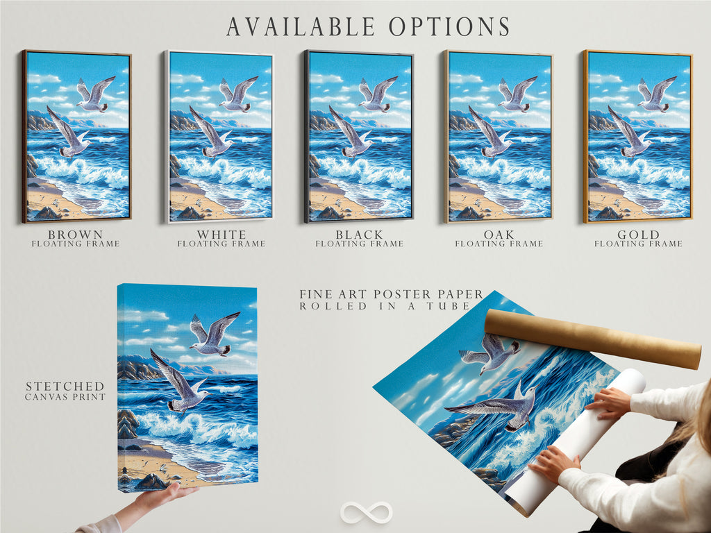 Available options for artwork. This includes a stretched canvas print fine art poster paper and a floating frame. Customers can select their preferred format and framing style. Each option offers a unique way to showcase the artwork.