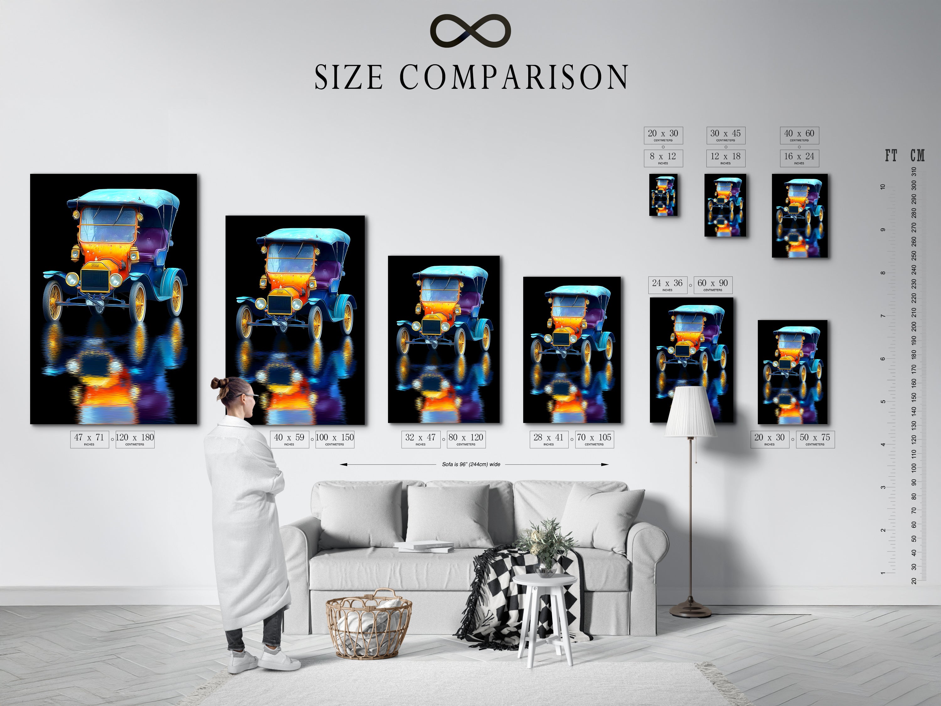 Size comparison chart in interior setting. See how the vintage car artwork fits in different spaces. Visualize the impact of classic automobile art on your wall decor. Perfect for planning your art arrangement.