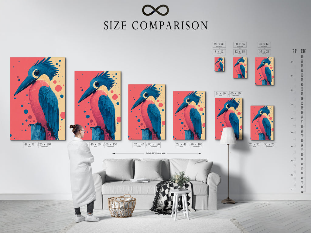 Size comparison chart displayed in an interior setting. See how our Kingfisher bird artwork fits in your space. Available in various sizes for stretched canvas prints fine art posters and floating frames. Find the perfect fit for your home.