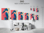 Size comparison chart displayed in an interior setting. See how our Kingfisher bird artwork fits in your space. Available in various sizes for stretched canvas prints fine art posters and floating frames. Find the perfect fit for your home.