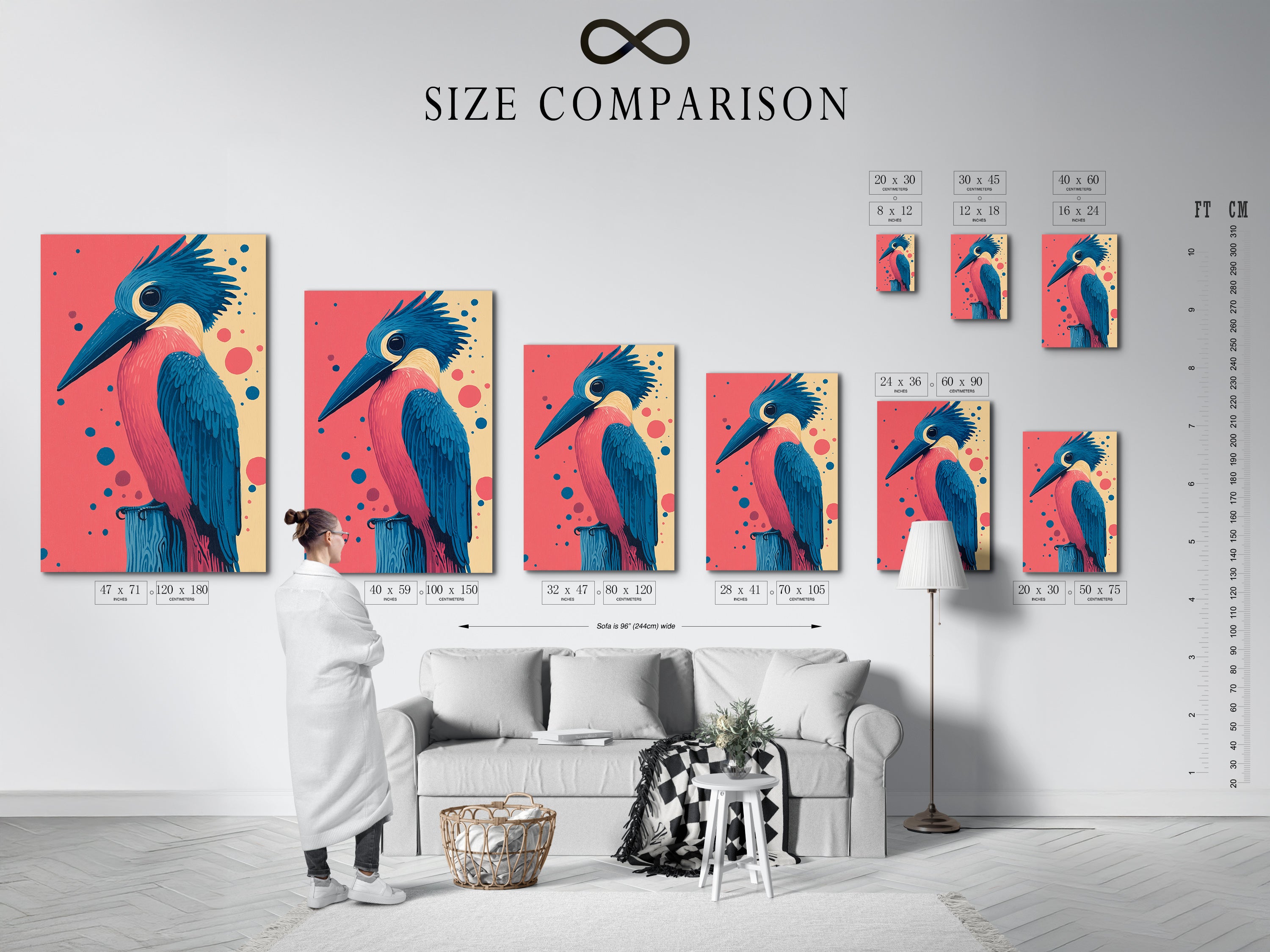 Size comparison chart displayed in an interior setting. See how our Kingfisher bird artwork fits in your space. Available in various sizes for stretched canvas prints fine art posters and floating frames. Find the perfect fit for your home.