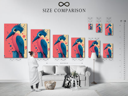 Size comparison chart displayed in an interior setting. See how our Kingfisher bird artwork fits in your space. Available in various sizes for stretched canvas prints fine art posters and floating frames. Find the perfect fit for your home.