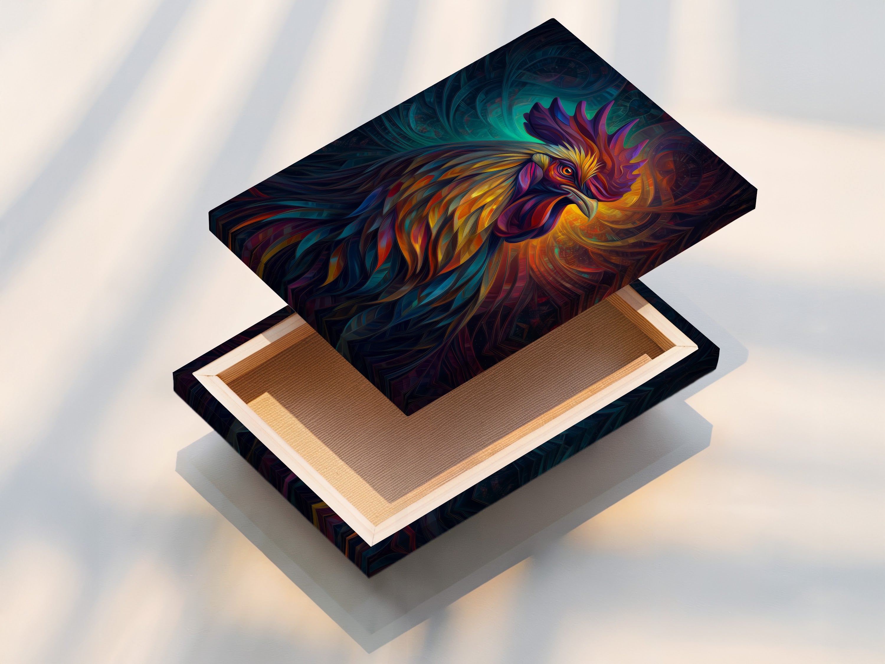 A stretched canvas print featuring a vibrant rooster art piece. The colorful rooster art brings life to any room. Perfect as psychedelic art for kitchen decor. This farm animal print complements country wall art.