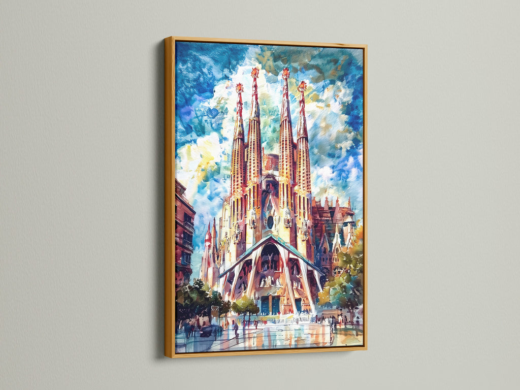 Sagrada Familia artwork with a gold frame. This Barcelona wall art adds a touch of luxury. The gothic cathedral poster elevates any room. Perfect for living room or office art. Enhance your space with this architectural print.