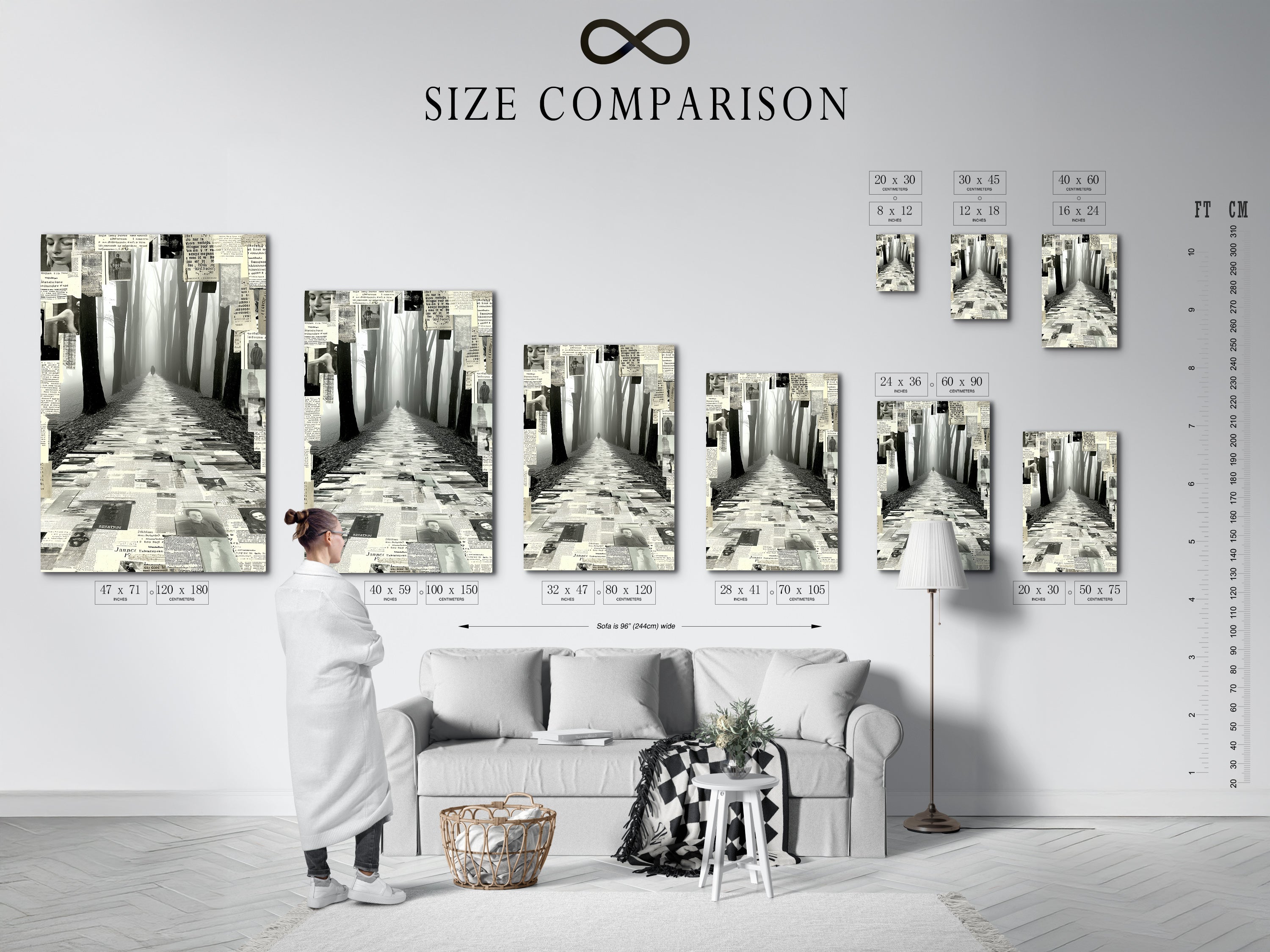 A size comparison chart is displayed in an interior setting. This shows the various dimensions available for the Foggy Forest Path canvas print. Visualize how this black and white collage will transform your space. Perfect for homeowners renters and interior designers seeking modern wall art.