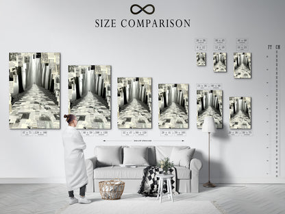 A size comparison chart is displayed in an interior setting. This shows the various dimensions available for the Foggy Forest Path canvas print. Visualize how this black and white collage will transform your space. Perfect for homeowners renters and interior designers seeking modern wall art.