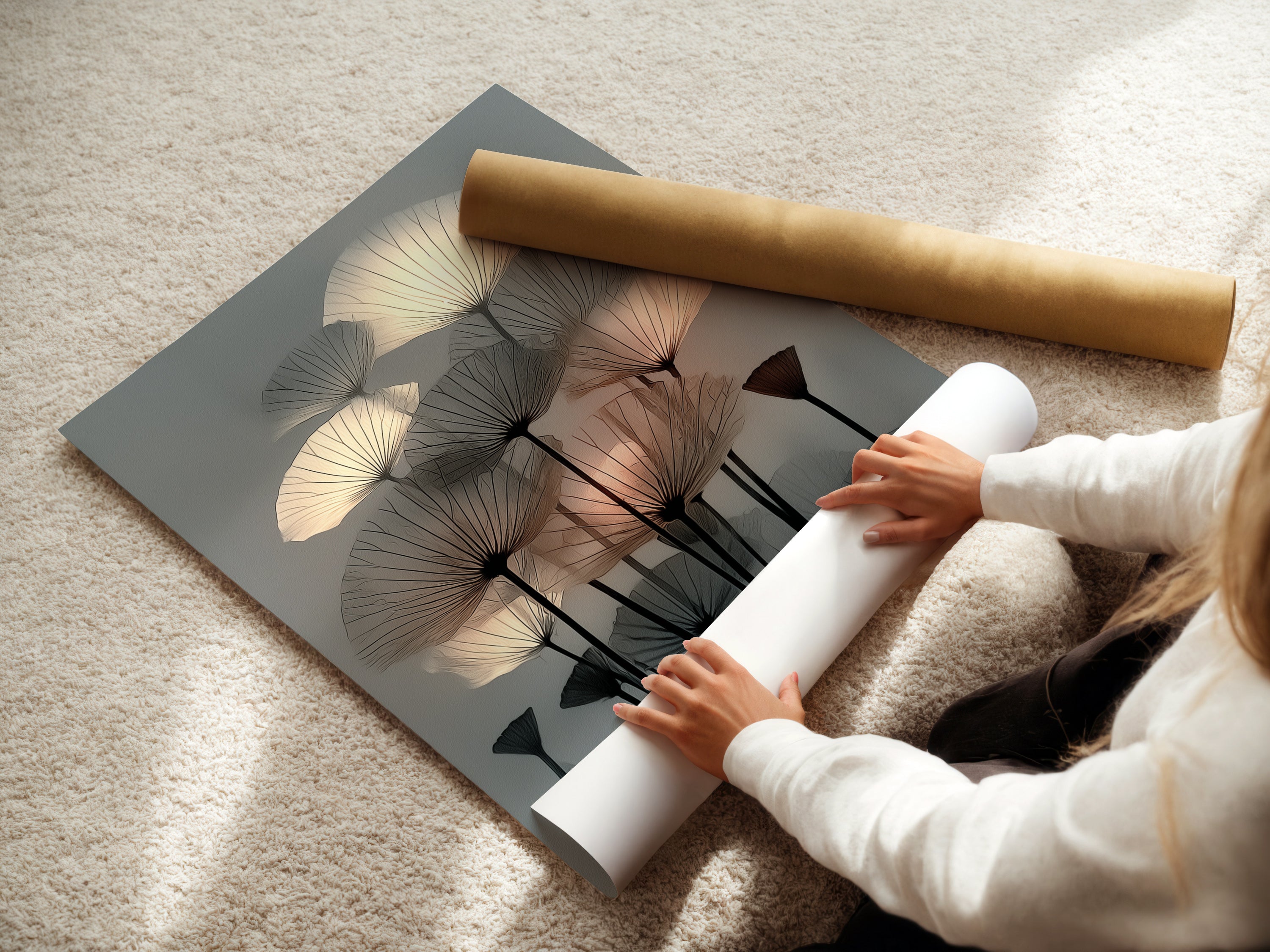 A woman is carefully rolling a fine art poster paper. The paper features a botanical print. This showcases the care in handling delicate artwork. Ideal for creating floral canvas prints. Perfect for abstract wall art and modern plant artwork.