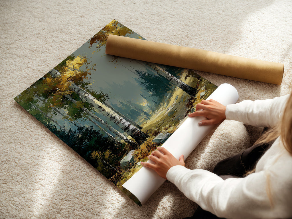 A woman is carefully rolling a fine art poster paper of Birch Forest. This autumn landscape is ready for framing. The nature trail print captures the serene beauty of a forest. It is perfect for creating custom wall art. Ideal for those who appreciate fine details.