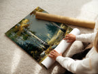 A woman is carefully rolling a fine art poster paper of Birch Forest. This autumn landscape is ready for framing. The nature trail print captures the serene beauty of a forest. It is perfect for creating custom wall art. Ideal for those who appreciate fine details.
