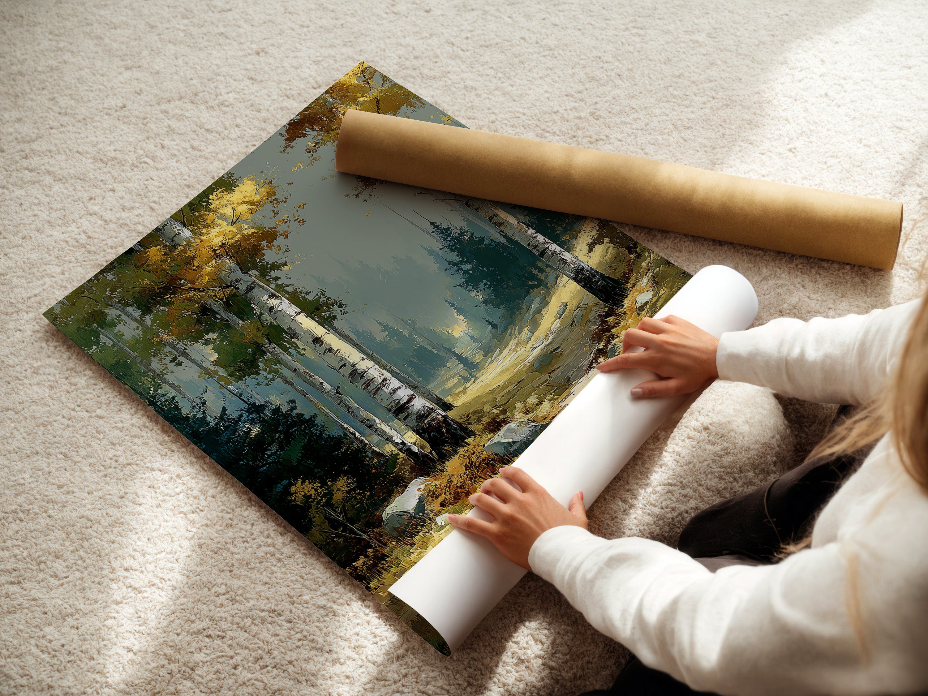 A woman is carefully rolling a fine art poster paper of Birch Forest. This autumn landscape is ready for framing. The nature trail print captures the serene beauty of a forest. It is perfect for creating custom wall art. Ideal for those who appreciate fine details.