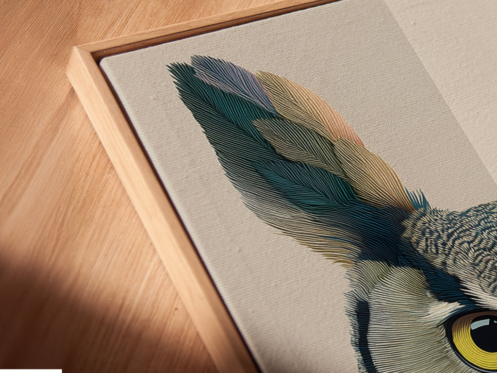 Close-up angled view of a canvas print in a floating frame. This colorful owl artwork appears to float. Ideal for modern interiors. It enhances the botanical details of the artwork. Perfect for home decor.