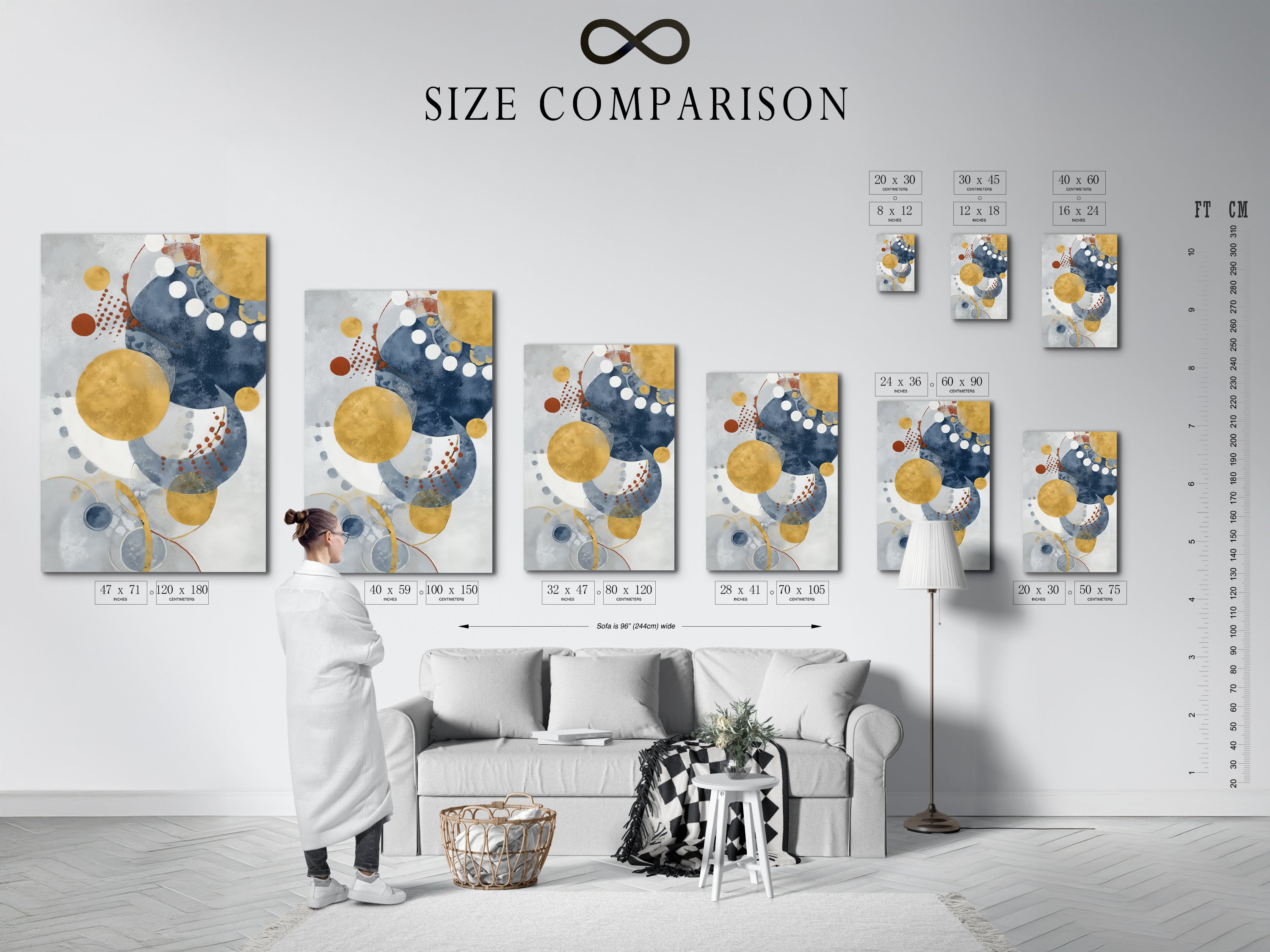 A size comparison chart shows the artwork in an interior setting. Visualize how modern abstract blue and gold circle art will look in your space. Perfect for contemporary wall decor.