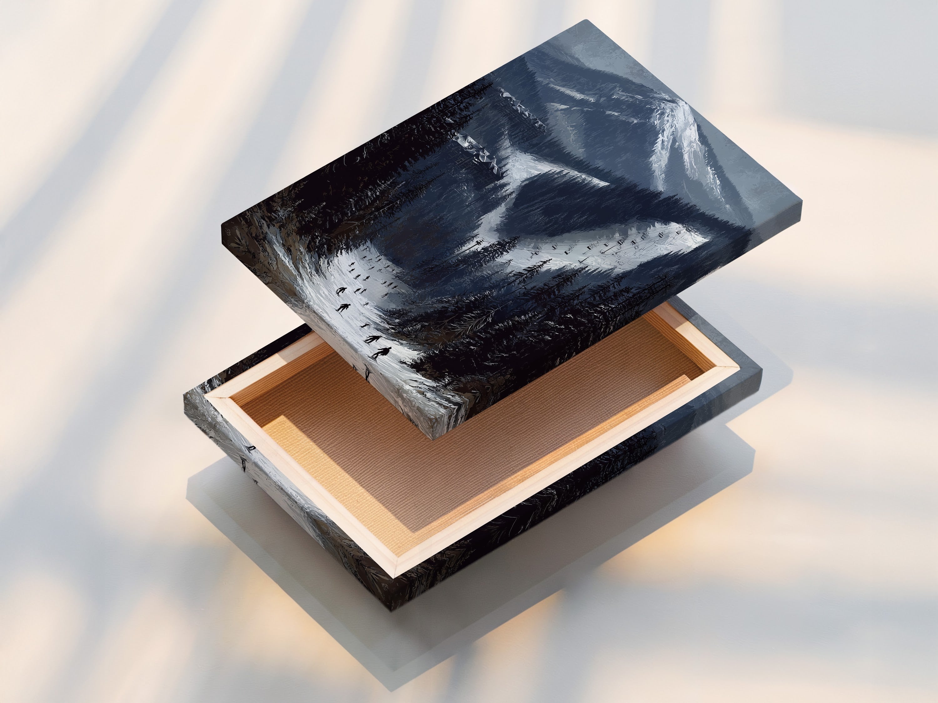 Stretched canvas print of a ski resort mountain. This winter landscape artwork brings the beauty of alpine slopes to your walls. Enjoy the snow covered peaks in a stunning canvas format. Perfect for cabin and ski lodge decor.