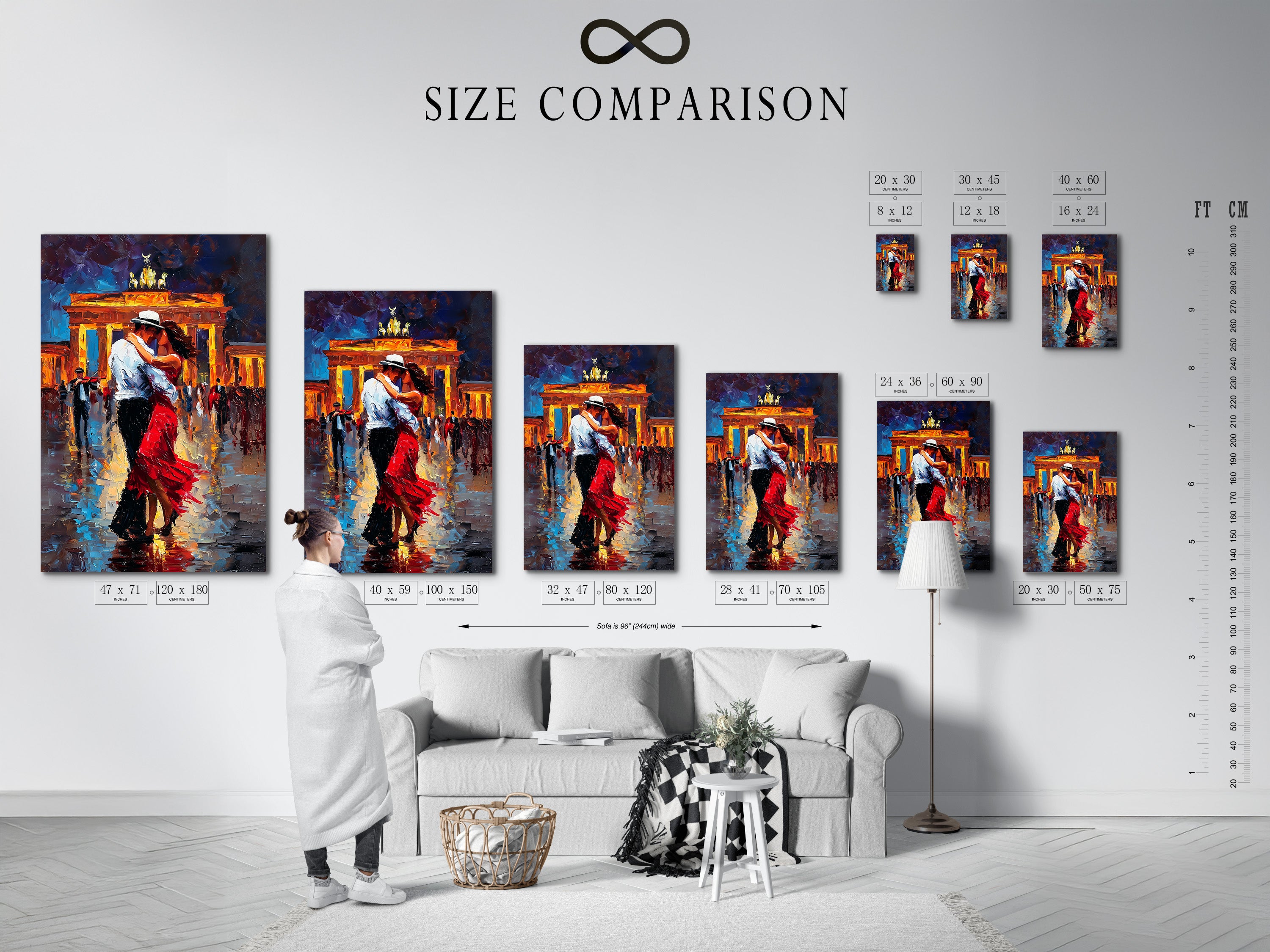 Size comparison chart in interior. The chart displays different sizes of the artwork in a living room. This visual aid helps customers choose the perfect size for their space. It demonstrates how the artwork will look in a real-life setting. Use this guide to find the ideal size for your home.