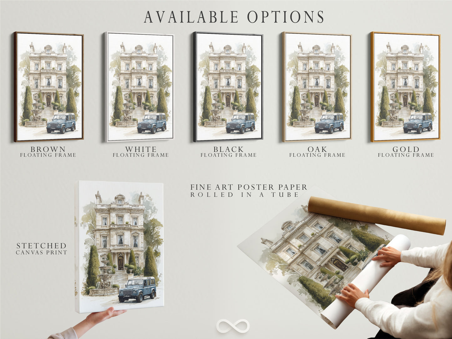 Manoir d'époque avec voiture classique - Impression d'art d'architecture à l'aquarelle, Décoration murale de villa européenne, Impression pour maison traditionnelle