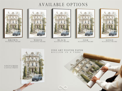 Manoir d'époque avec voiture classique - Impression d'art d'architecture à l'aquarelle, Décoration murale de villa européenne, Impression pour maison traditionnelle