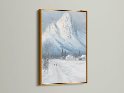 Winter Mountain canvas print is framed in gold. The snowy landscape wall art provides a luxurious farmhouse decor option for a cabin. This rustic artwork adds warmth. The gold frame enhances the winter scene. Elevate your living space.
