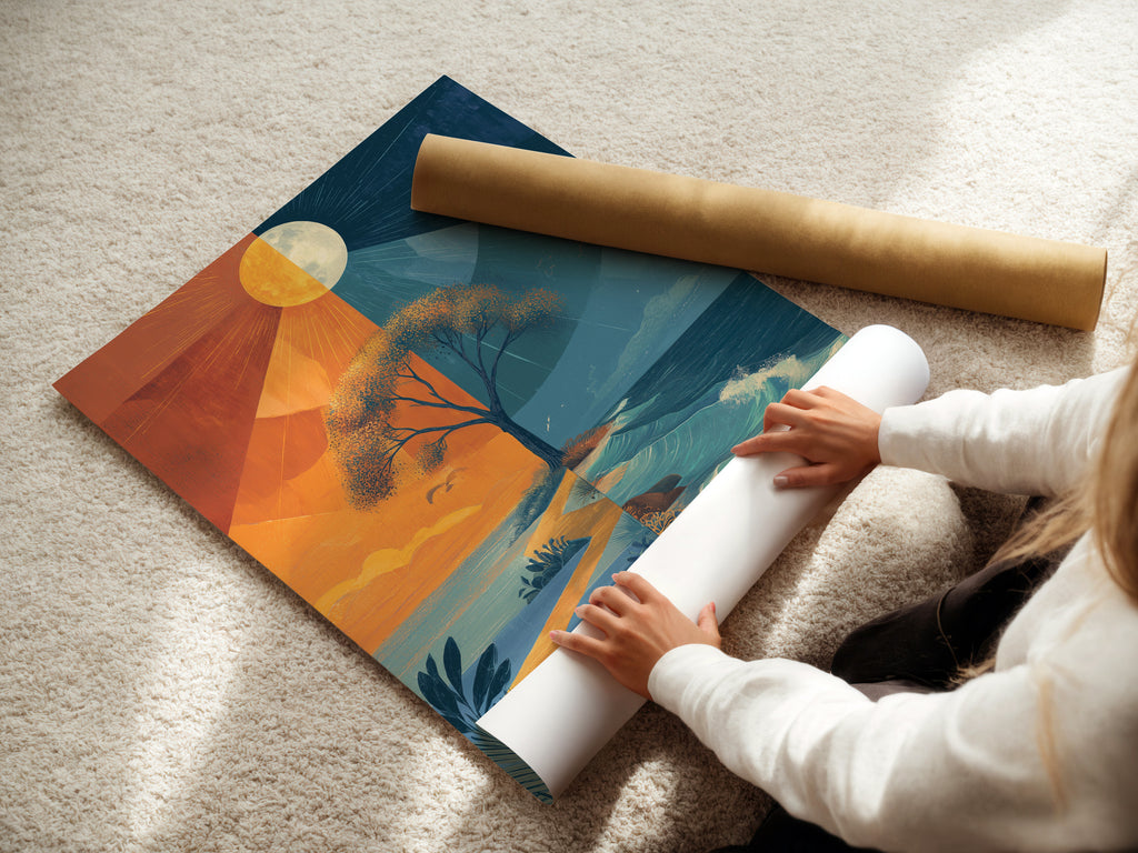 A woman is carefully rolling a fine art poster paper. This high-quality paper ensures your surreal tree artwork looks its best. Perfect for abstract landscapes or modern wall art. Ideal for framing and displaying in any room.