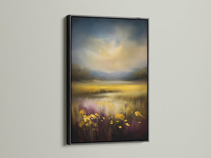 A black frame highlights the golden landscape of this artwork. The landscape canvas is a stunning piece of home wall decor. The flower field art brings a sense of nature and tranquility to your space.