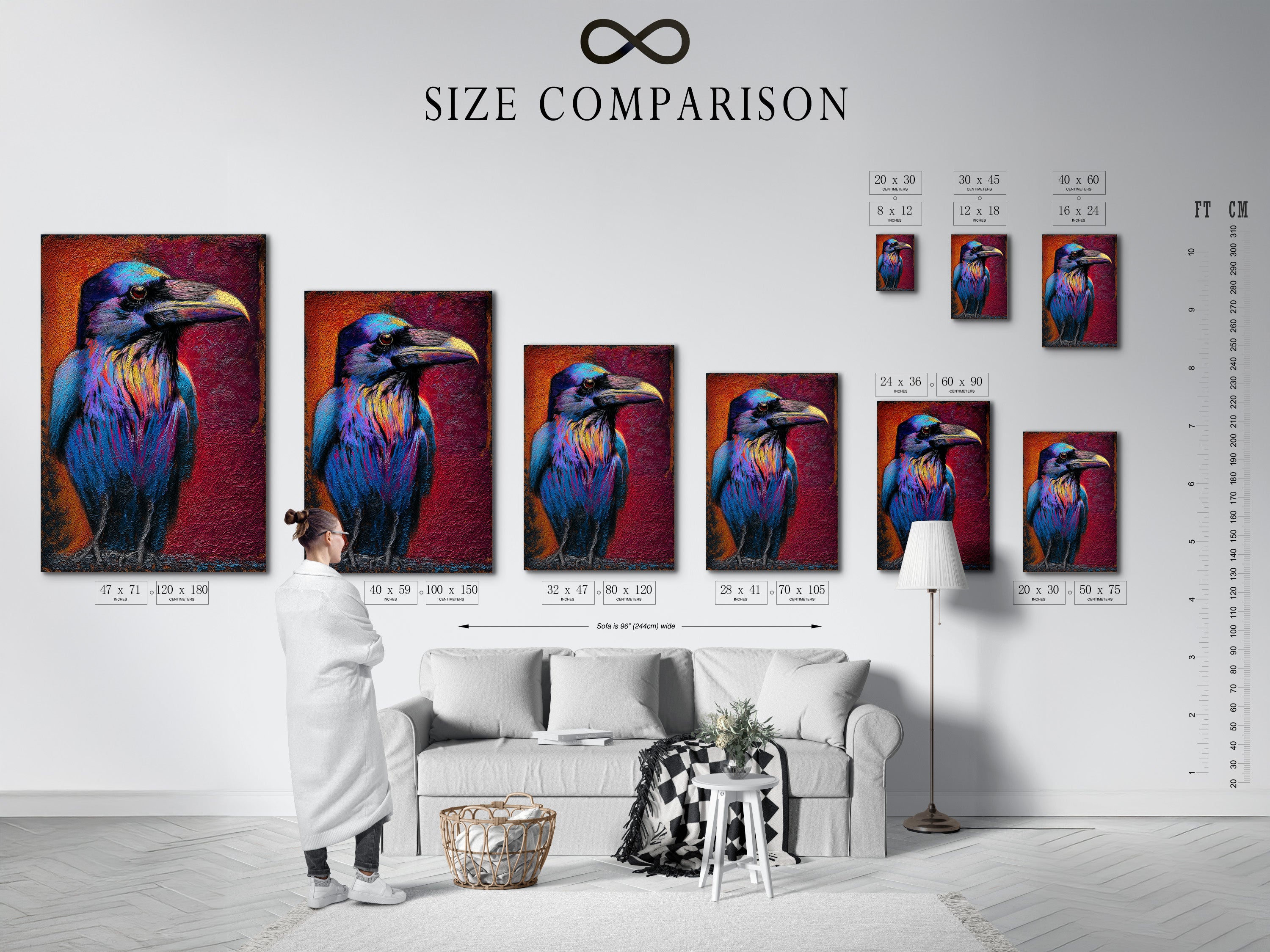A size comparison chart is displayed in an interior setting. The chart shows various sizes. It helps visualize the artwork in your space. You can find the perfect fit for your wall. This chart simplifies your decorating process.