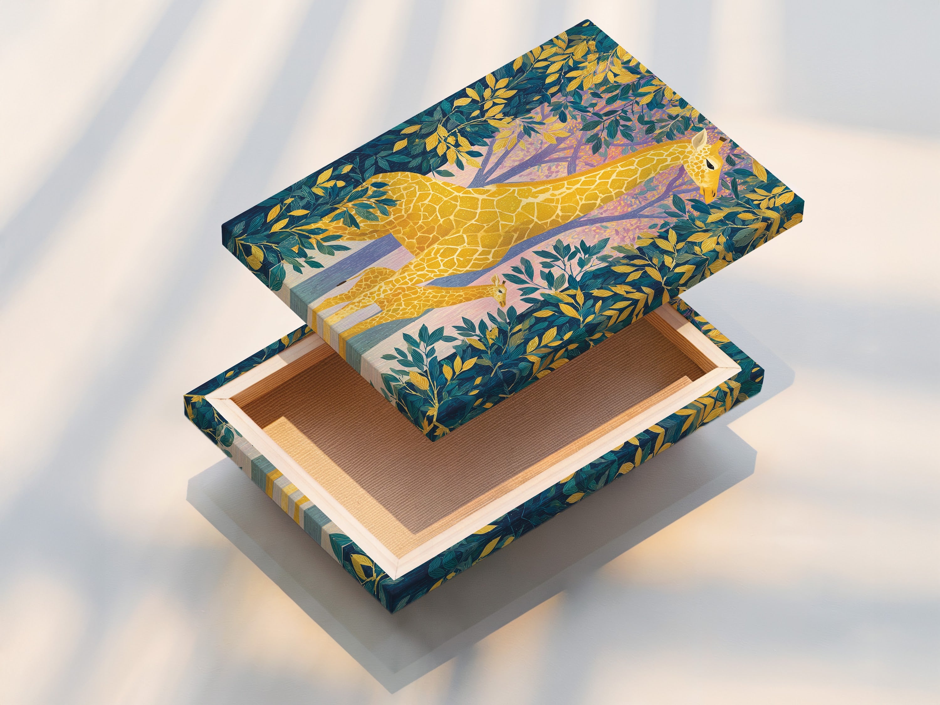 A stretched canvas print of the giraffe artwork is displayed. This safari nursery art is perfect for kids room decor. The tropical animal art features a colorful giraffe and botanical details. Ready to hang this canvas adds a vibrant touch. Ideal for animal wall decor.