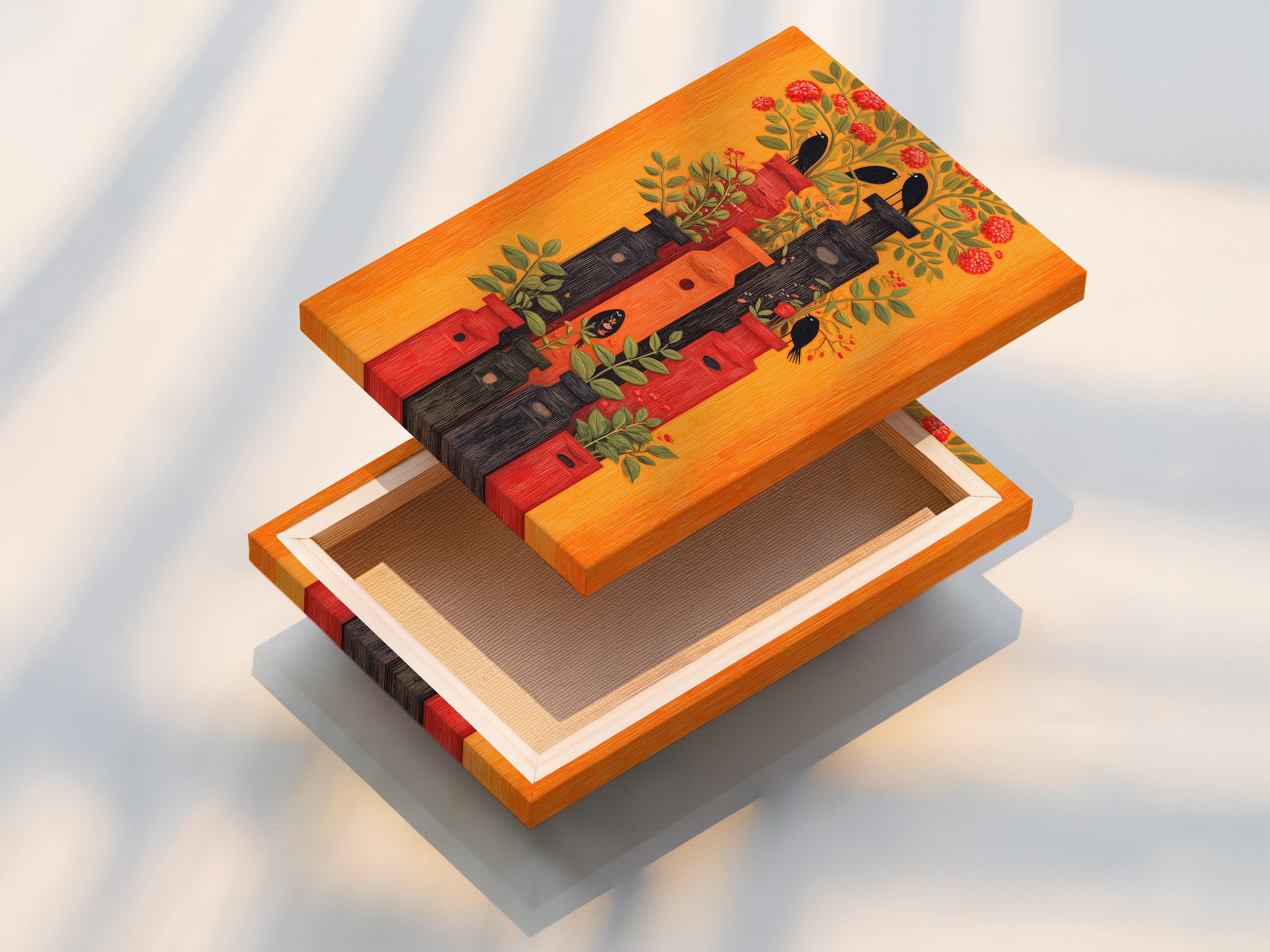 A stretched Botanical Birds canvas print is displayed. This retro floral wall art features an orange and red birdhouse artwork. Perfect eclectic decor for an office. Upgrade your wall art.