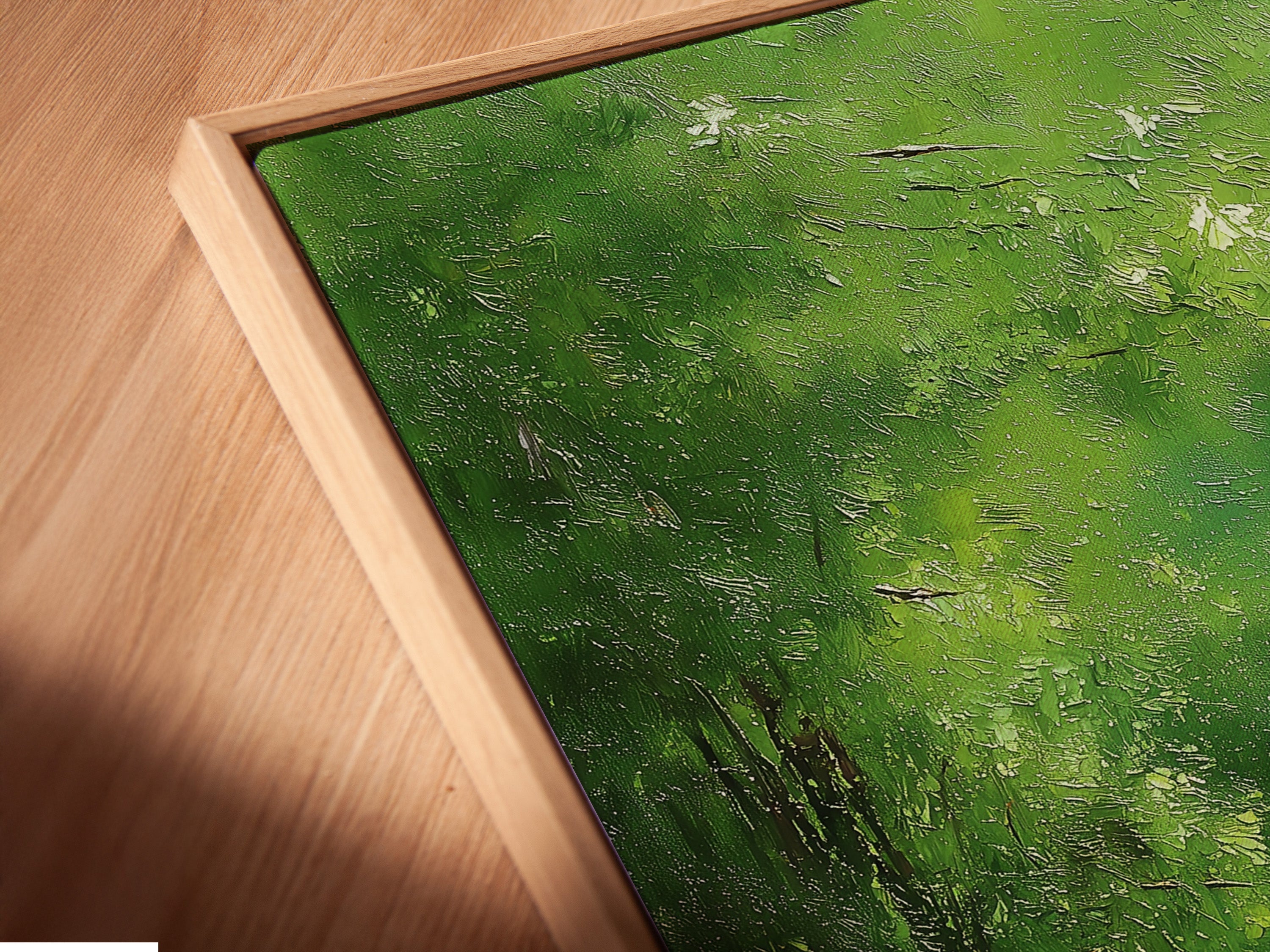 Close up angled view of a canvas print in a floating frame. The floating frame gives a modern gallery look. Showcase your art with our floating frame option. Perfect for a sophisticated display. Discover the unique appeal of floating frames.