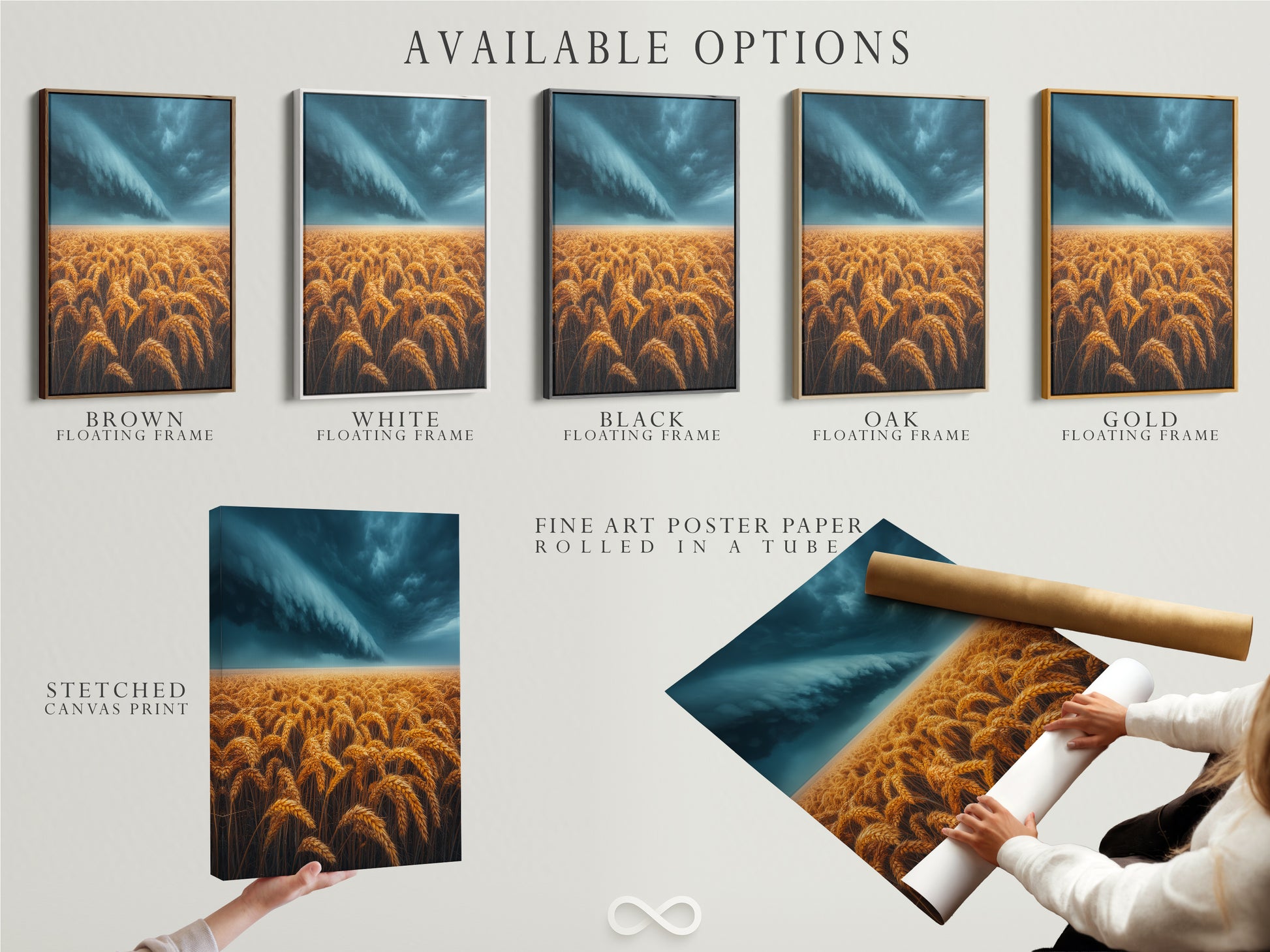 Available options for the wheat field artwork are displayed. Choose from stretched canvas print fine art poster paper or floating frame. The golden harvest canvas suits various styles. Perfect for farmhouse decor or rustic art print. Customize your artwork today.