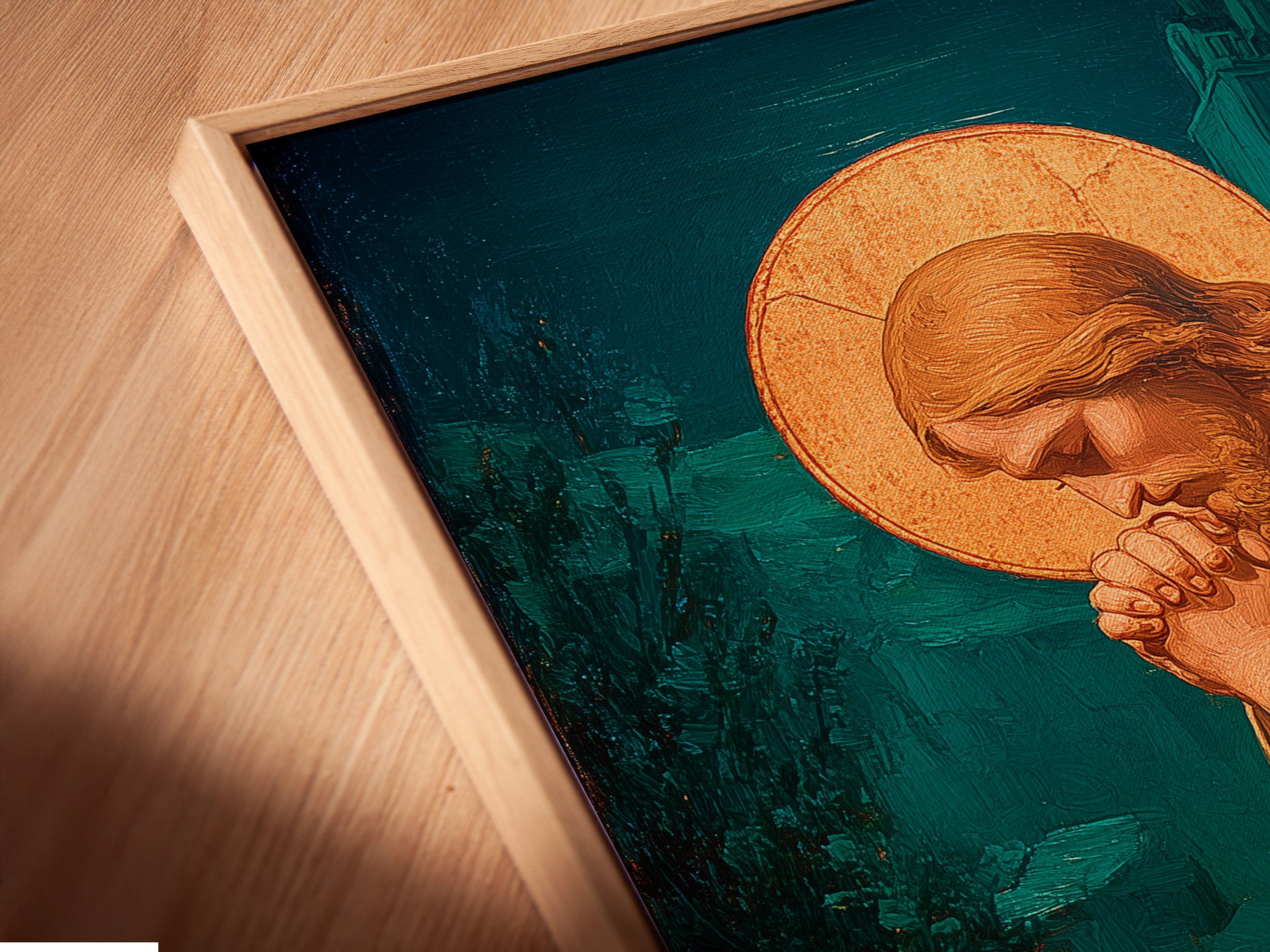 A close-up view of a canvas print in a floating frame. The floating frame creates a modern and elegant display. The art seems to float within the frame. This adds depth and dimension to the artwork.