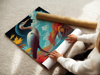 A woman rolls fine art poster paper. We use high-quality materials for our heron art and landscape posters. Ensuring your wall art is durable and vibrant for years to come.