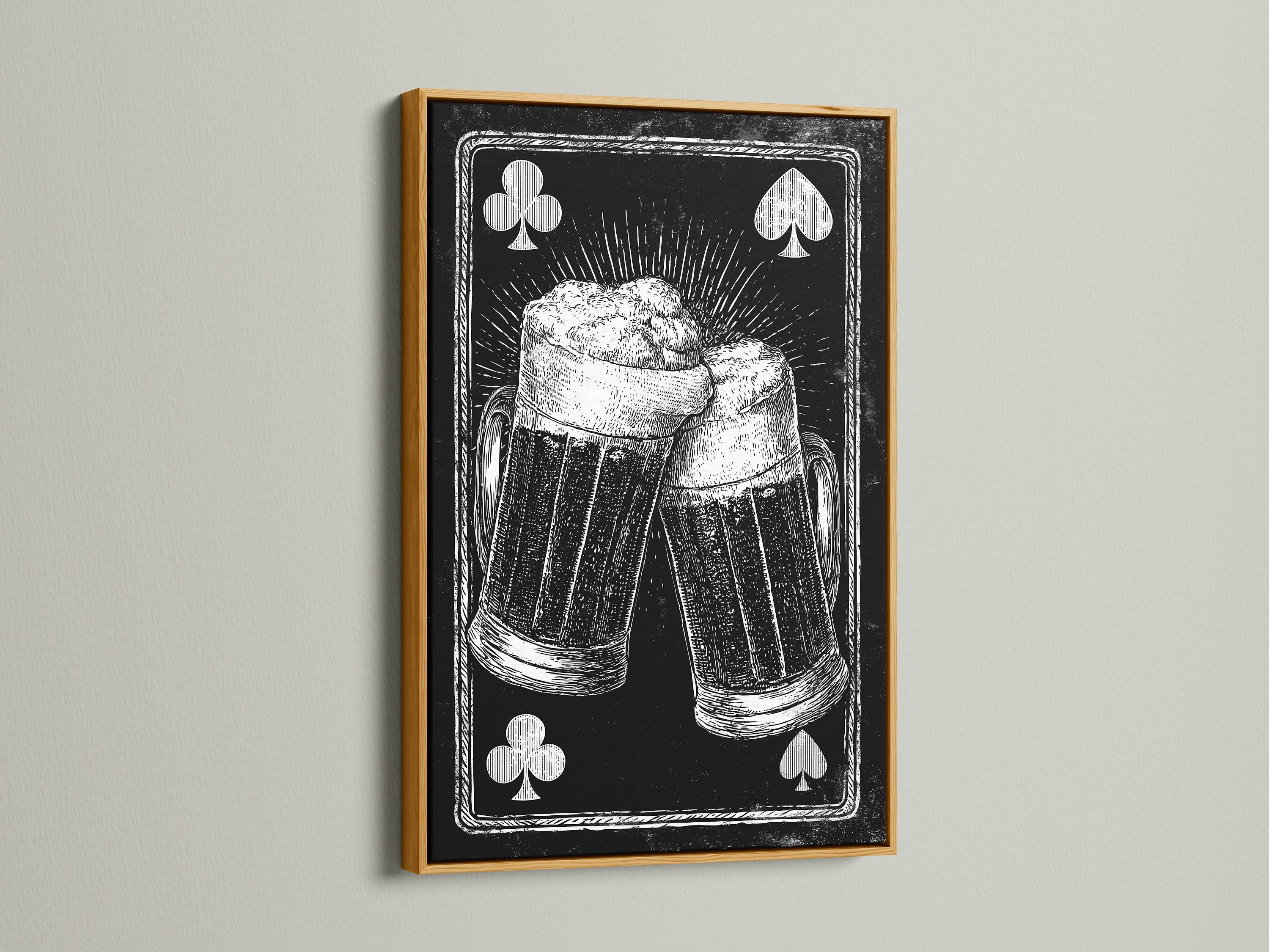 Framed artwork featuring a playing card beer mug art print. The artwork is framed in a gold frame. The gold frame brings a touch of elegance. It enhances the artwork's vintage charm. Suitable for a classic interior.