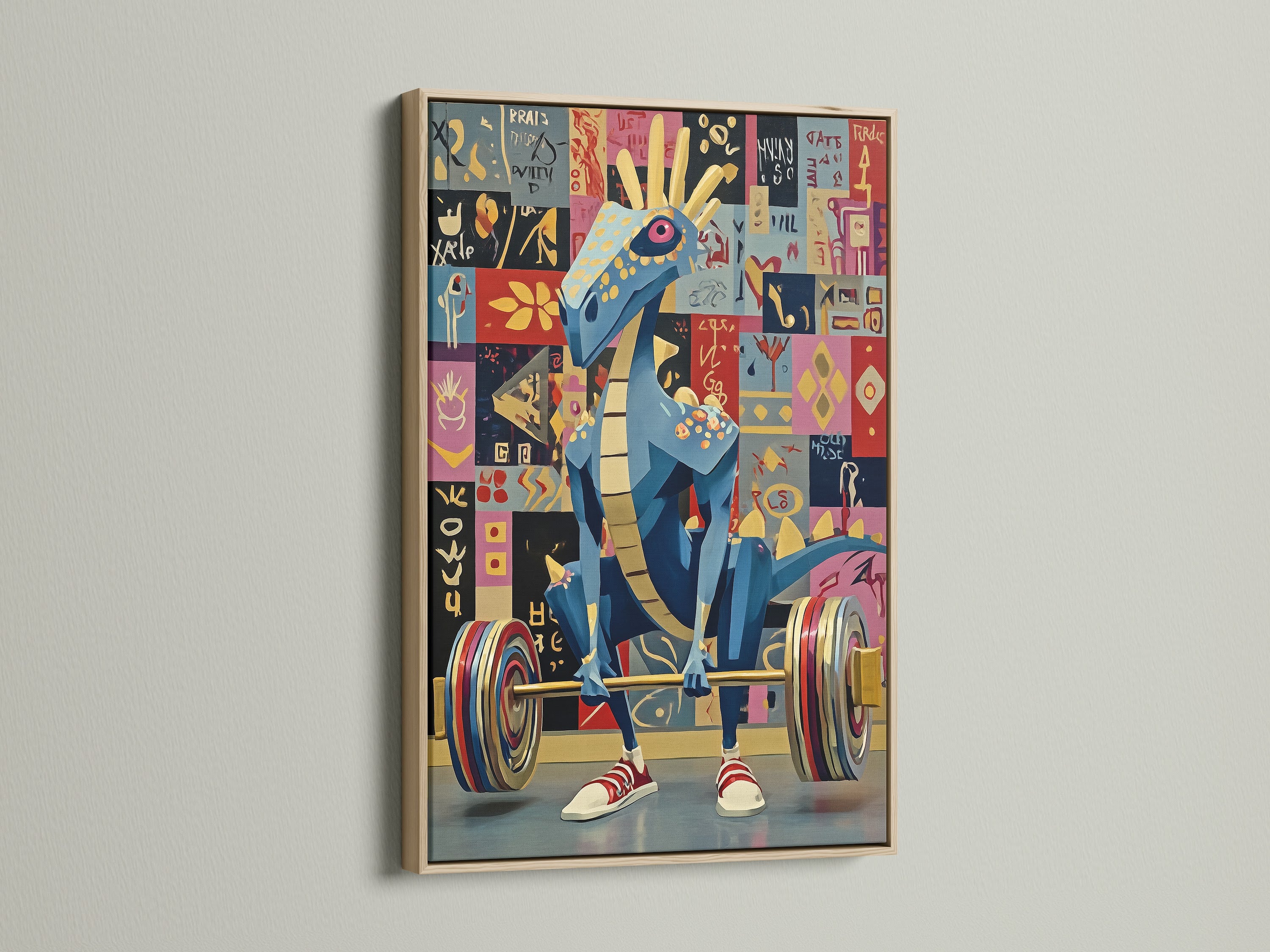 Weightlifting dragon artwork showcased in an oak frame. The colorful pop art depicts a blue dragon in a weightlifting pose. It's ideal gym wall decor for fitness lovers. This unique art print adds a fun and inspiring touch to any workout room or fitness studio.
