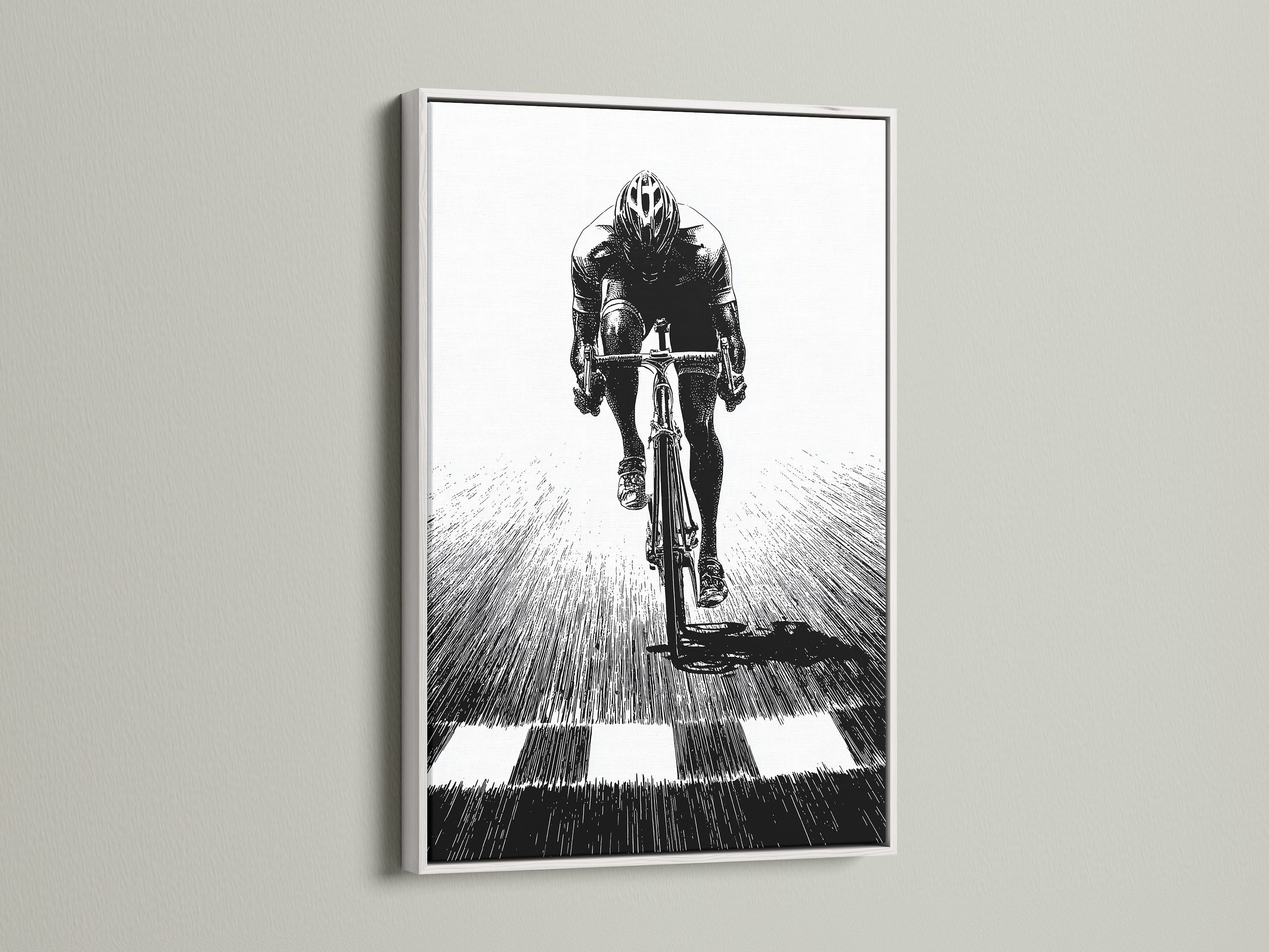 Cycling Art Print in a White Frame. Road bike art brings energy to your walls. The white frame offers a clean modern look. This cyclist gift is perfect for sports fans. Add a touch of athleticism to your home decor. Enjoy the simple beauty of this artwork.