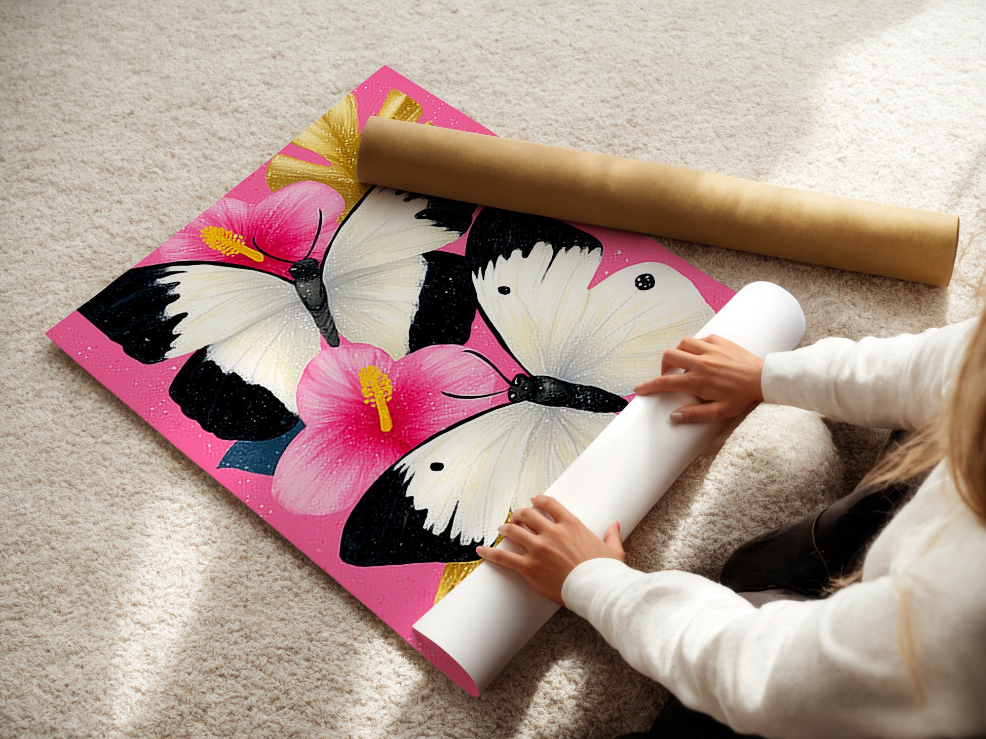 A woman is carefully rolling a fine art poster paper featuring a butterfly canvas print. The artwork showcases pink hibiscus wall art with delicate white butterflies. Perfect for nature artwork botanical prints and girly decor.