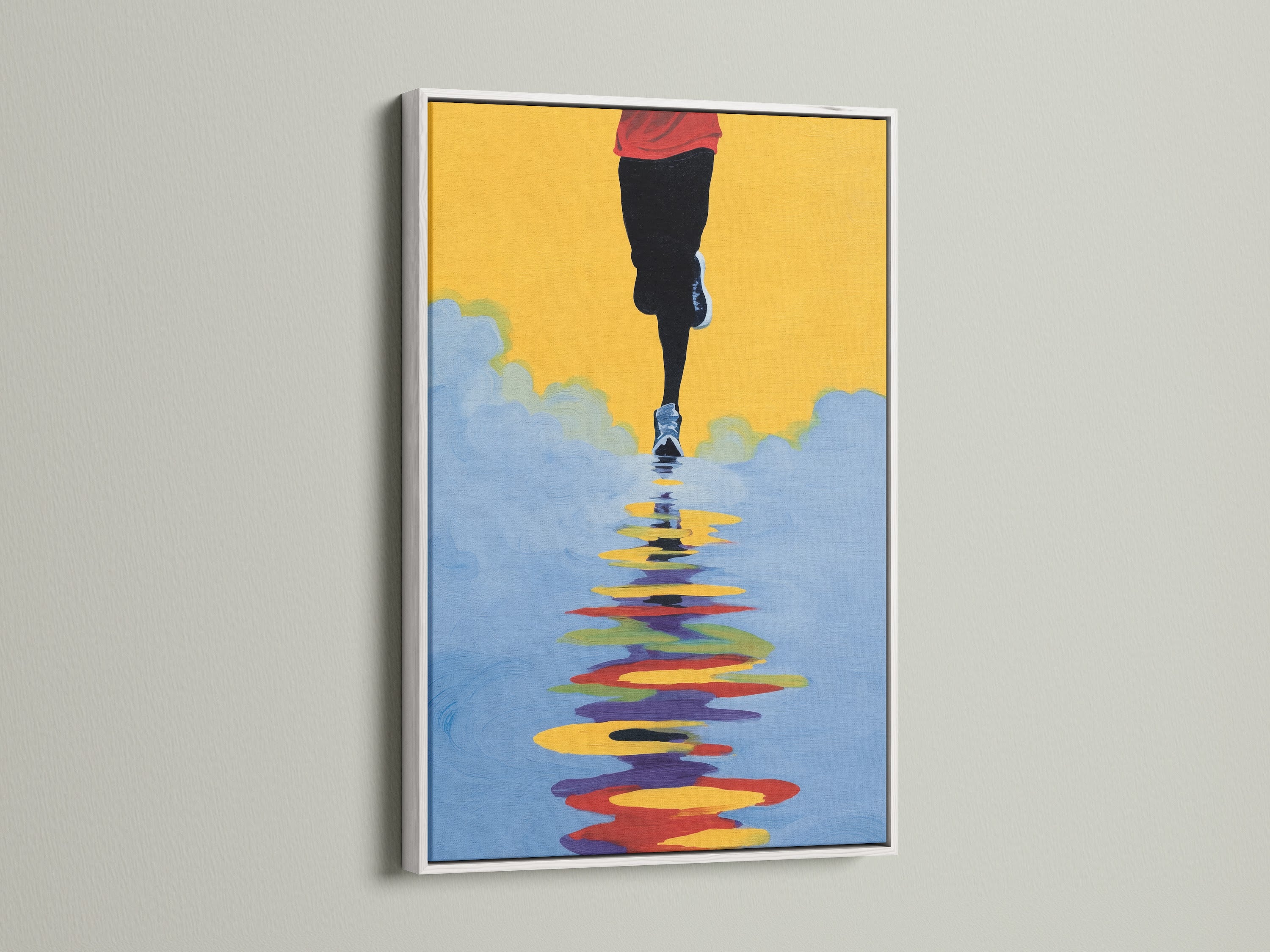 Runner Canvas Print with a white frame. This abstract marathon wall art is a modern sport artwork. A great gift for any athlete. Perfect Contemporary Wall Decor for minimalist styles. Brighten your bedroom wall decor.