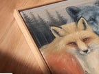 Angled close up of a canvas print in a floating frame. Showcasing a beautiful artwork of a fox wolf and bear family. Perfect addition to living room or office wall.
