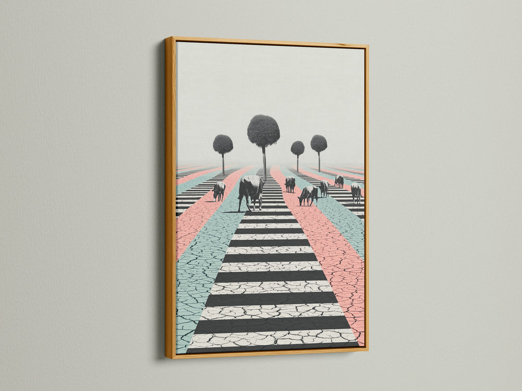 The gold frame highlights a surreal cow artwork print.  The pastel color palette adds a touch of whimsy. This modern farm animal art is ideal for any room. Explore gold frame options for your artwork today.