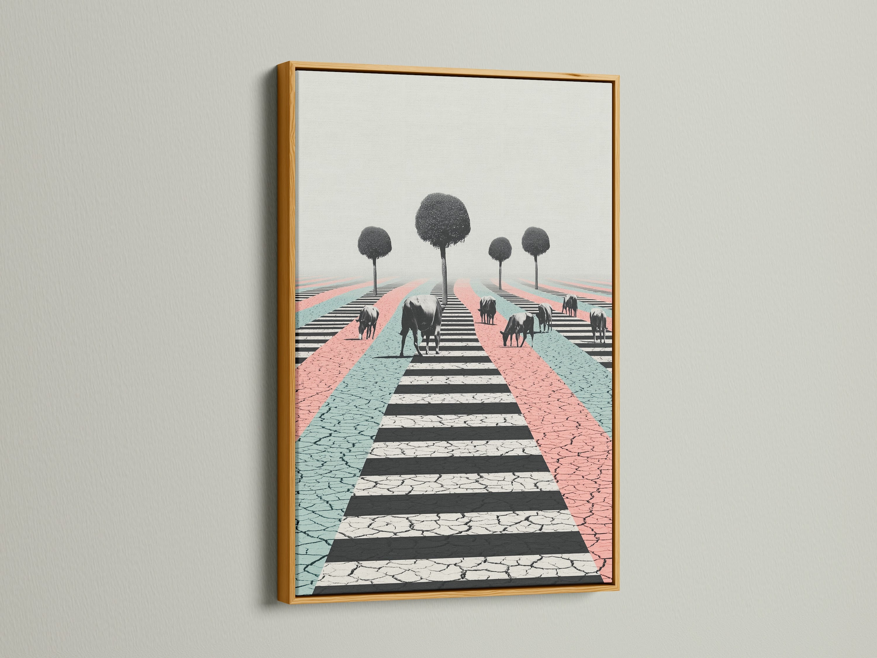 The gold frame highlights a surreal cow artwork print.  The pastel color palette adds a touch of whimsy. This modern farm animal art is ideal for any room. Explore gold frame options for your artwork today.