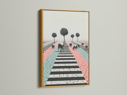 The gold frame highlights a surreal cow artwork print.  The pastel color palette adds a touch of whimsy. This modern farm animal art is ideal for any room. Explore gold frame options for your artwork today.