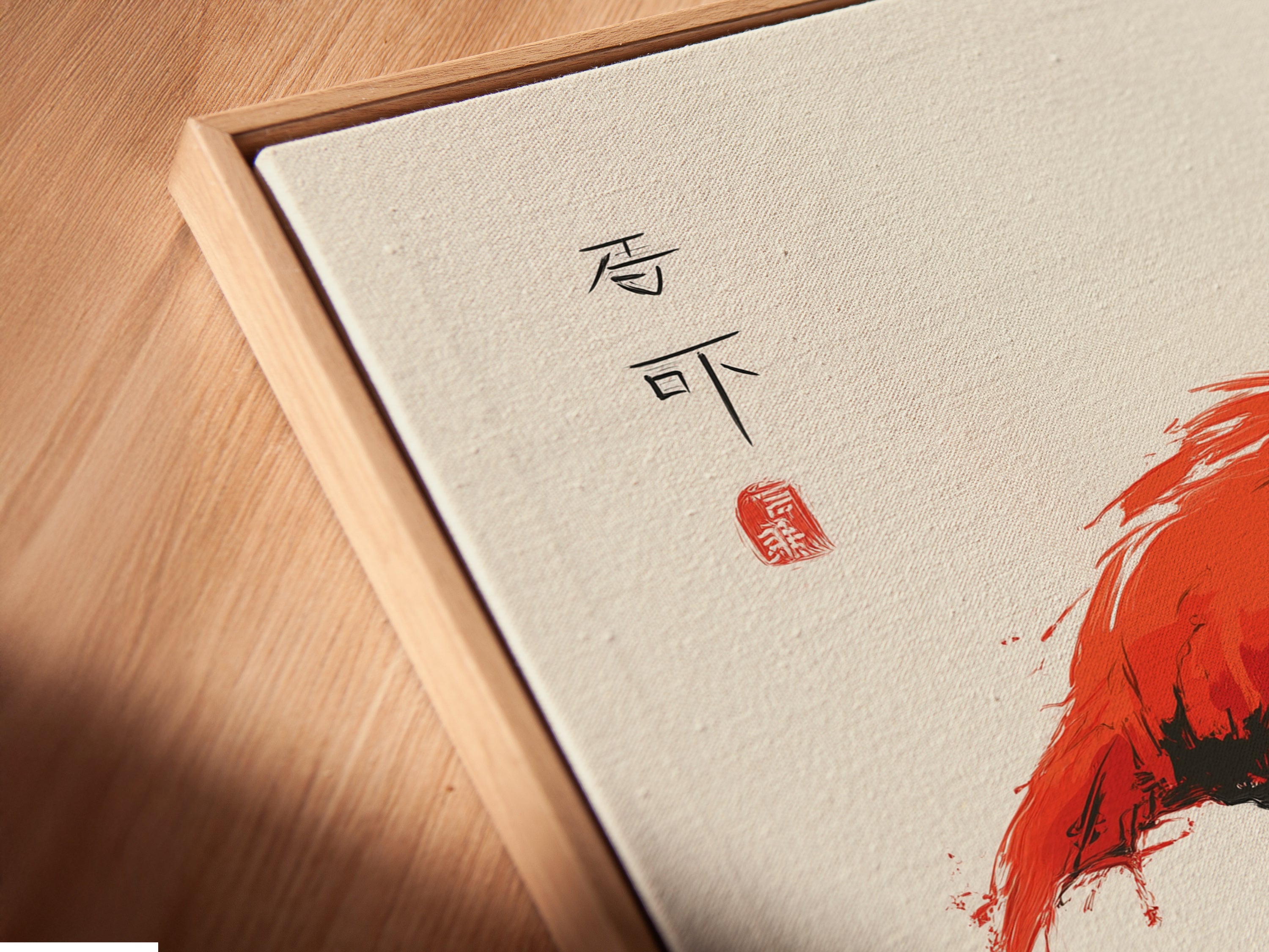 A close-up shows the canvas print in a floating frame. The floating frame enhances the artwork's visual appeal. It gives a gallery-like appearance. The red flamingo print is perfect for adding a touch of tropical flair. It is suitable for modern minimalist interiors.