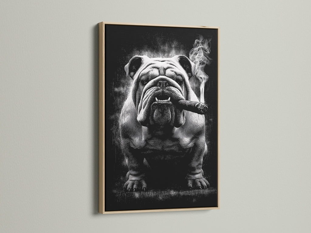 Bulldog smoking canvas artwork in an oak frame. The black and white artwork provides a cool and edgy touch to your decor. Ideal for man caves offices and living rooms. Elevate your space with this unique vintage pet artwork.