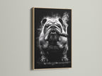 Bulldog smoking canvas artwork in an oak frame. The black and white artwork provides a cool and edgy touch to your decor. Ideal for man caves offices and living rooms. Elevate your space with this unique vintage pet artwork.