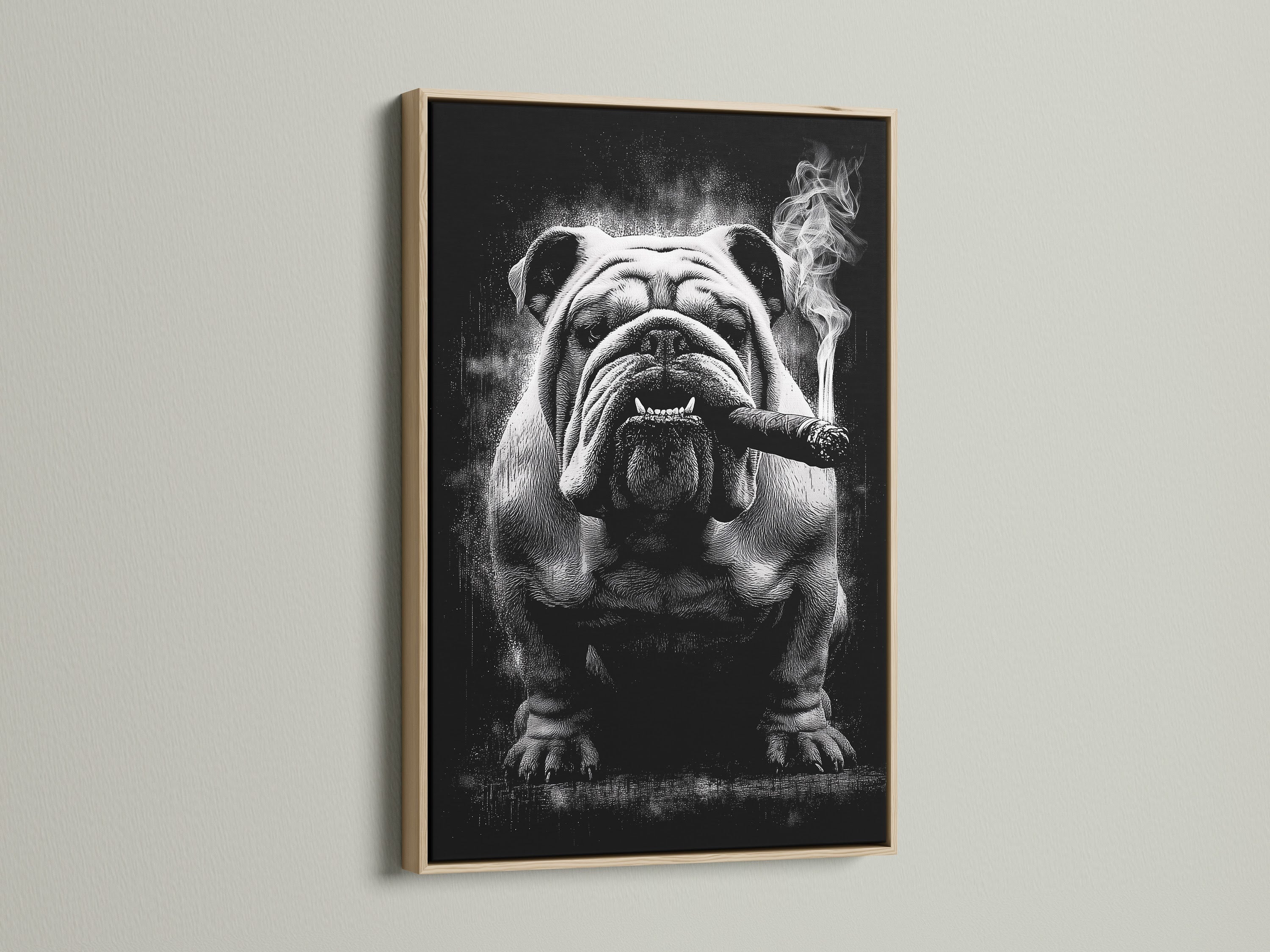 Bulldog smoking canvas artwork in an oak frame. The black and white artwork provides a cool and edgy touch to your decor. Ideal for man caves offices and living rooms. Elevate your space with this unique vintage pet artwork.