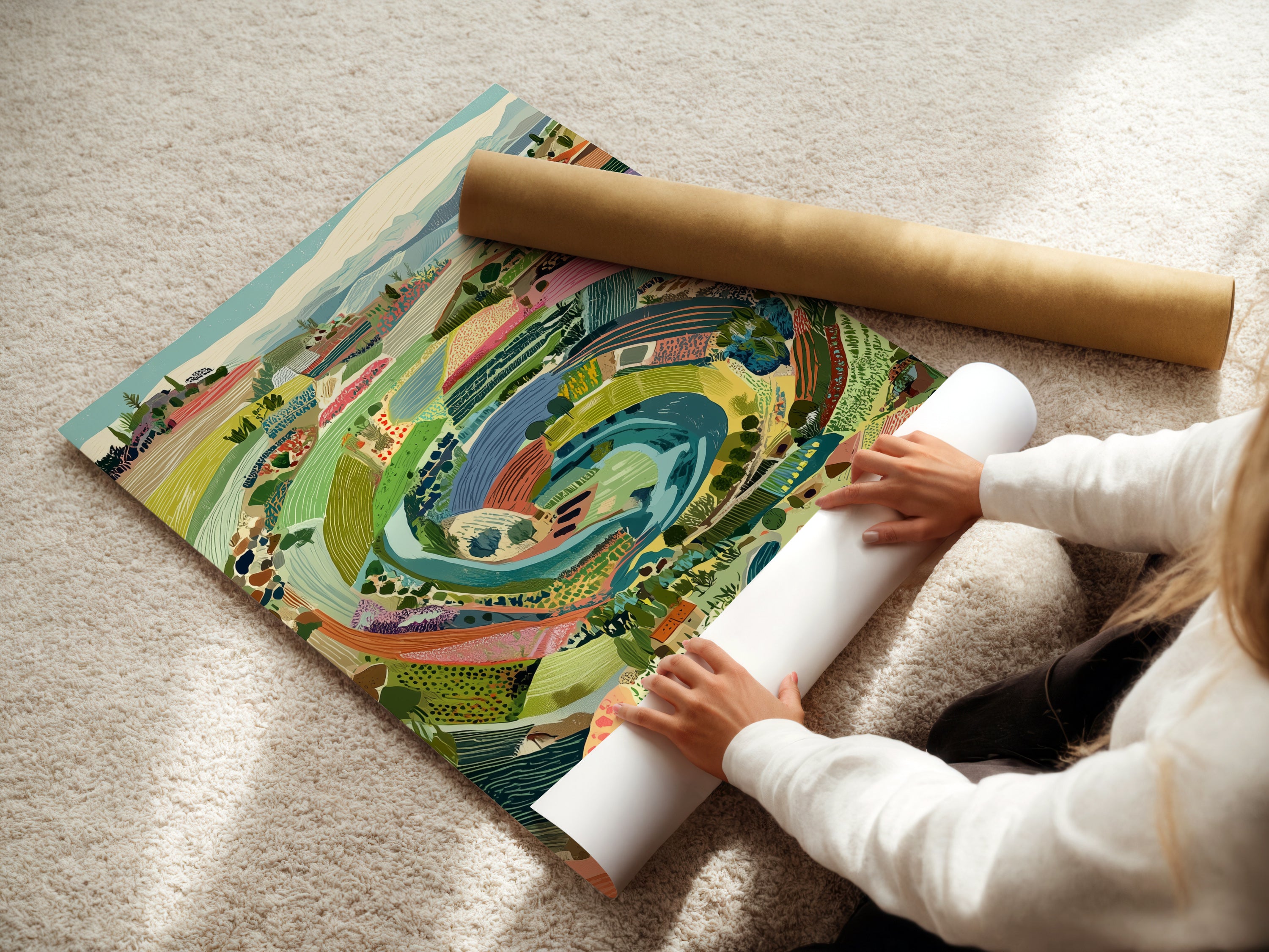 A woman is rolling a fine art poster paper. The artwork is an Italian Landscape. The Tuscan countryside is the perfect farmhouse wall art. A colorful artwork for your kitchen.