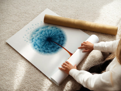 A woman carefully rolling a fine art poster paper featuring dandelion teal blue botanical artwork. High-quality paper ensures a lasting print. Ideal for minimalist floral artwork. Perfect for bedroom decor or scandi style art.