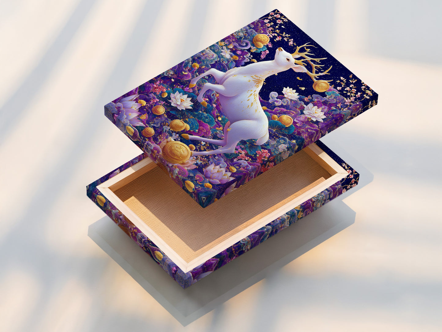 The stretched canvas print showcases a white deer artwork. The mystical forest features a purple lotus print. It's an ideal choice for modern contemporary wall decor for living rooms or bedrooms