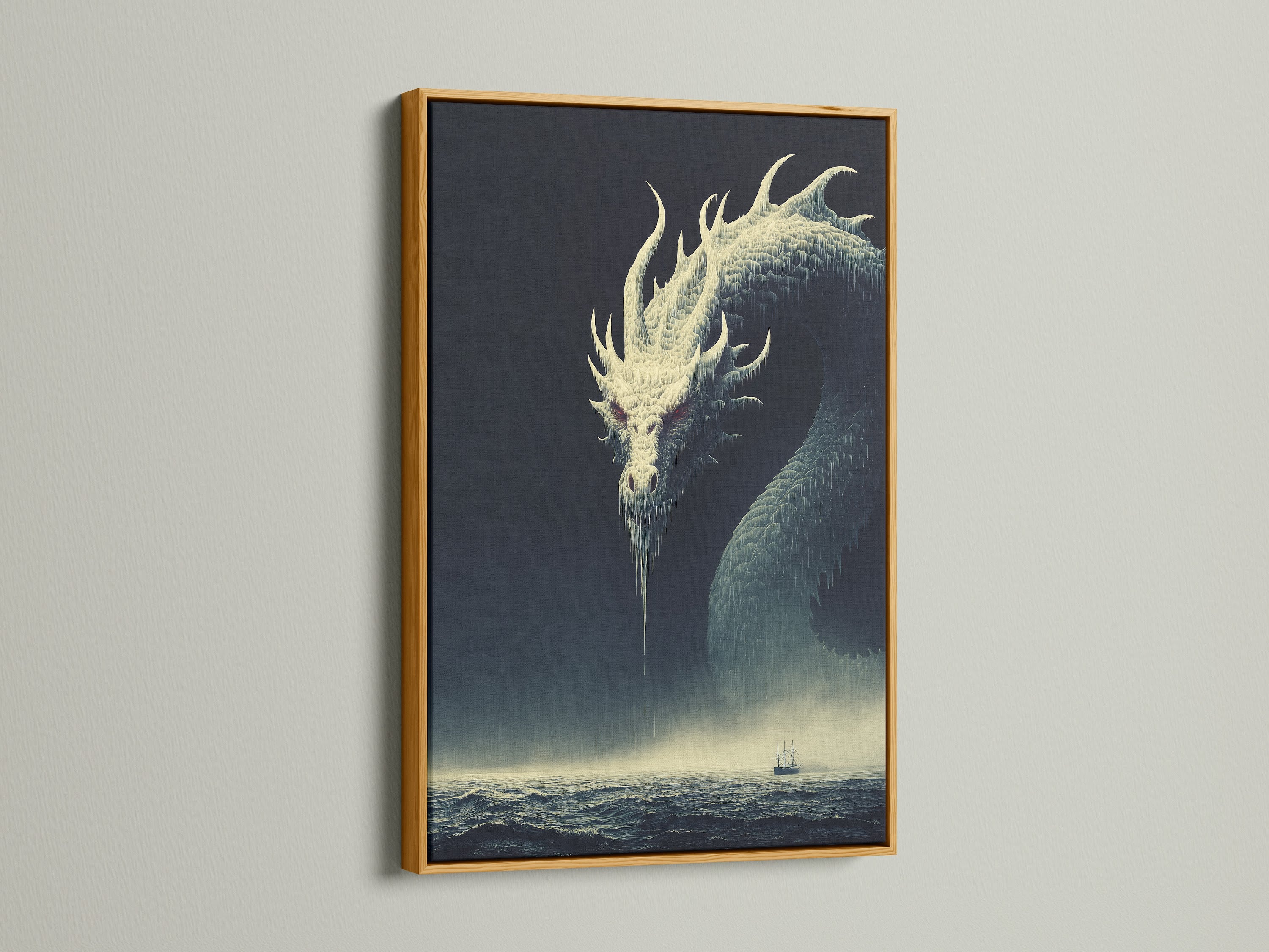 This Dragon Canvas Print is in a gold frame. This mythical artwork will elevate your space. The fantasy canvas is perfect for adding a touch of gothic decor. It is ideal for dark fantasy styles.