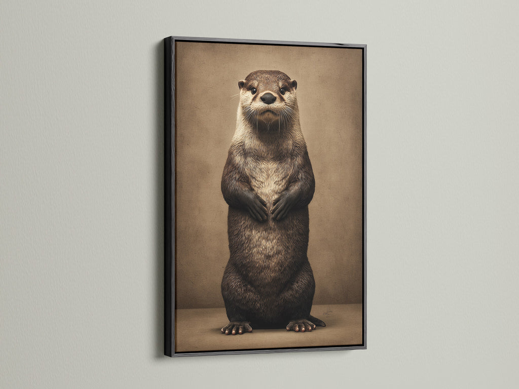 Black frame featuring an otter art print. This animal art print is a cute wildlife canvas. It enhances nursery wall decor and bathroom wall art. The otter artwork is ideal for animal lovers. This whimsical art brings a touch of nature to any space. It complements minimalist and rustic styles