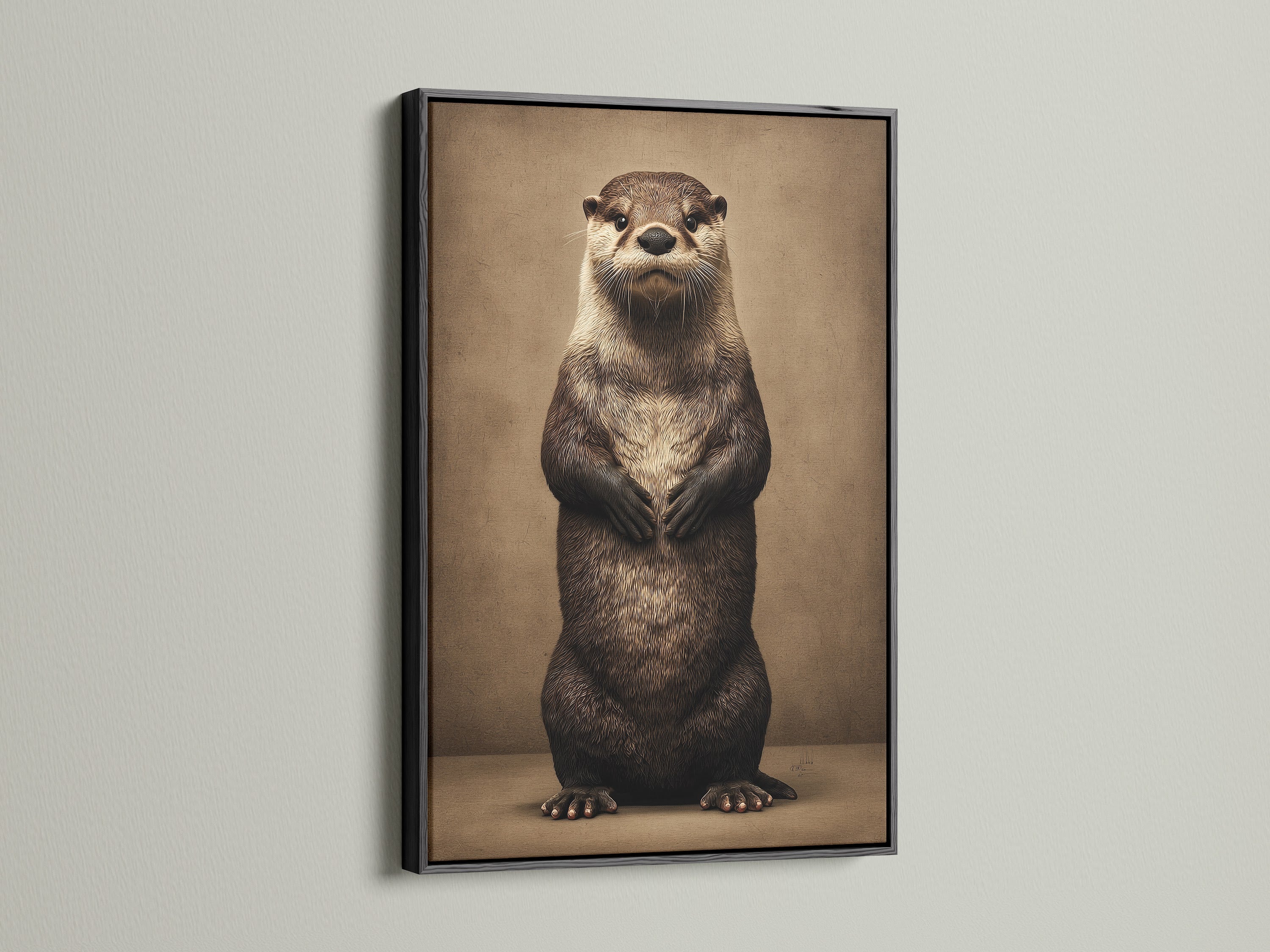 Black frame featuring an otter art print. This animal art print is a cute wildlife canvas. It enhances nursery wall decor and bathroom wall art. The otter artwork is ideal for animal lovers. This whimsical art brings a touch of nature to any space. It complements minimalist and rustic styles
